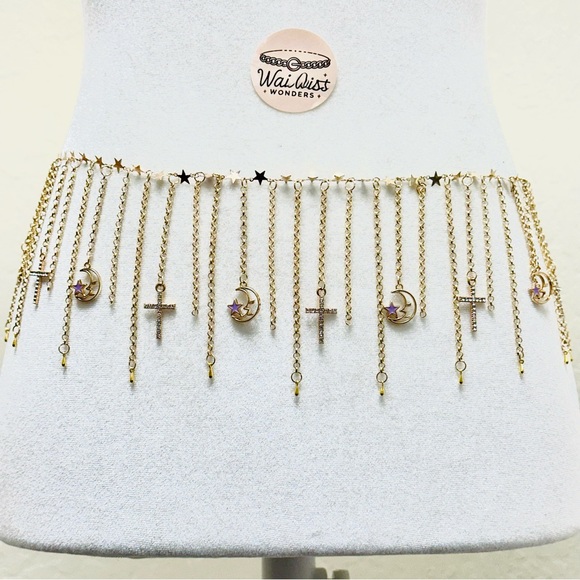 Accessories - Gold waist chain belt with crosses, stars, and moon charms